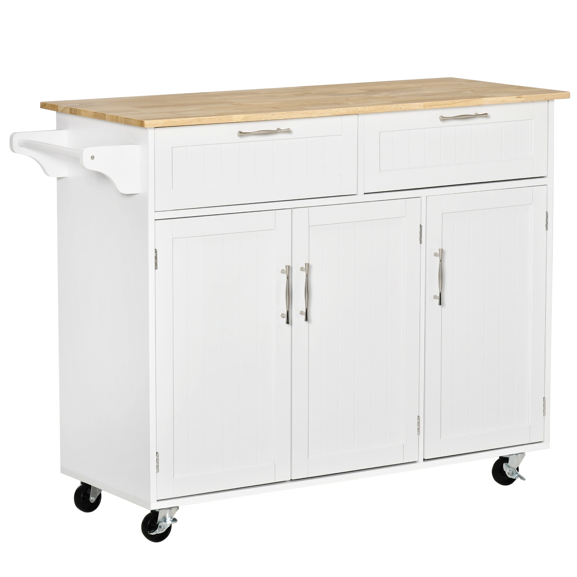 Kitchen Island with Wheels Kitchen Cart Kitchen Sideboard with 2 Drawers 3 Doors and Side Bar for Dining 121x46x91 cm Oak and White