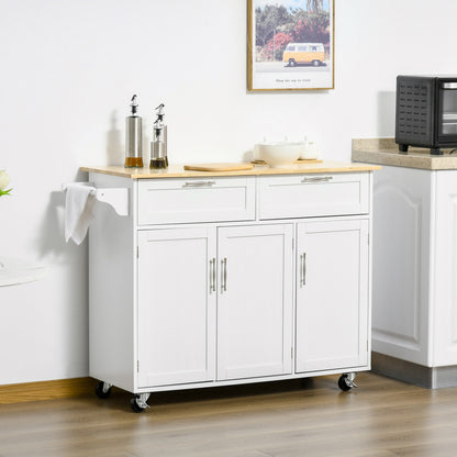 Kitchen Island with Wheels Kitchen Cart Kitchen Sideboard with 2 Drawers 3 Doors and Side Bar for Dining 121x46x91 cm Oak and White