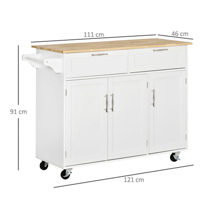 Kitchen Island with Wheels Kitchen Cart Kitchen Sideboard with 2 Drawers 3 Doors and Side Bar for Dining 121x46x91 cm Oak and White