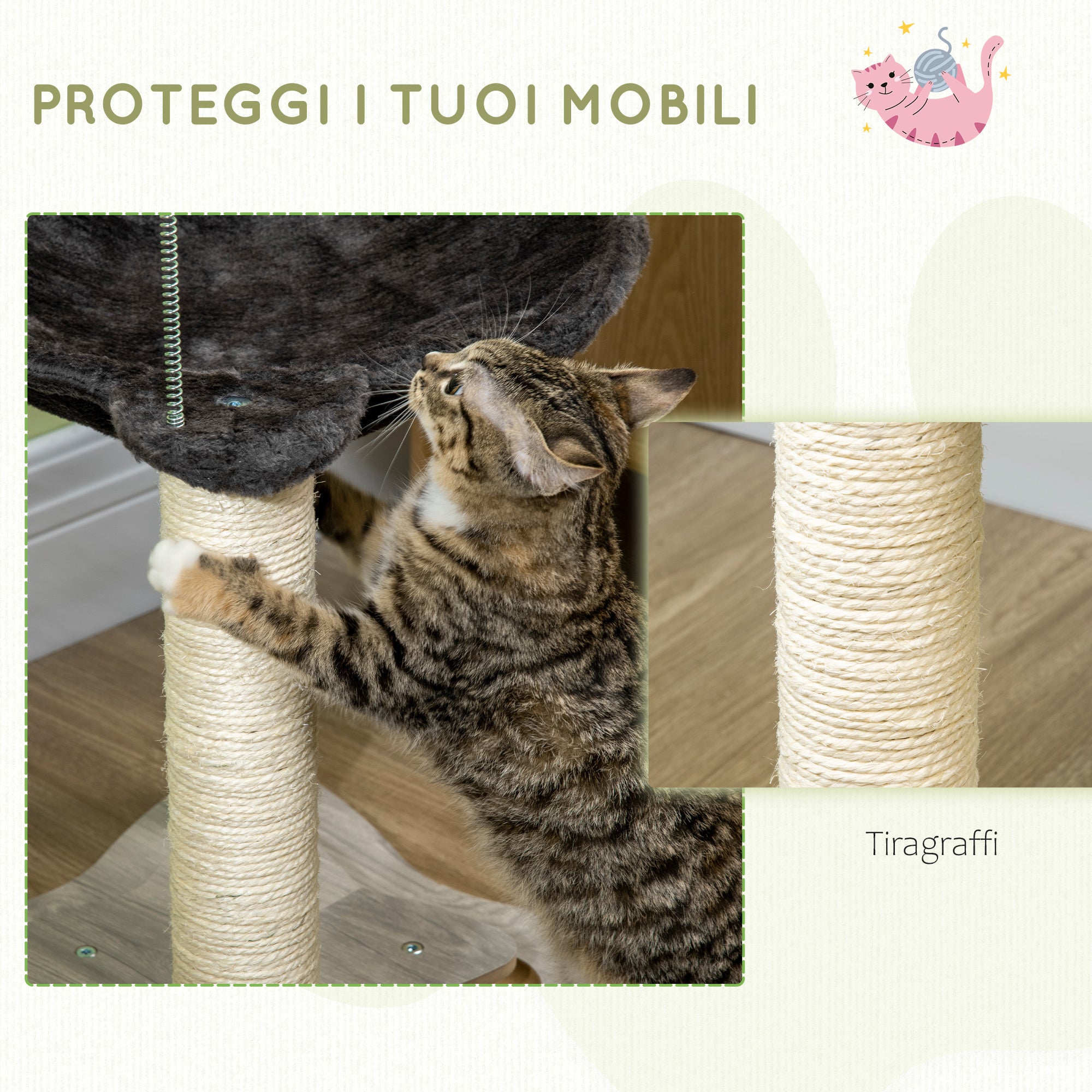 Cat Scratching Tree for Cats Up to 5kg with Hammock, Play Balls, and Sisal Posts, MDF and Plush Cat Tower, 53.5x53.5x66cm, Gray