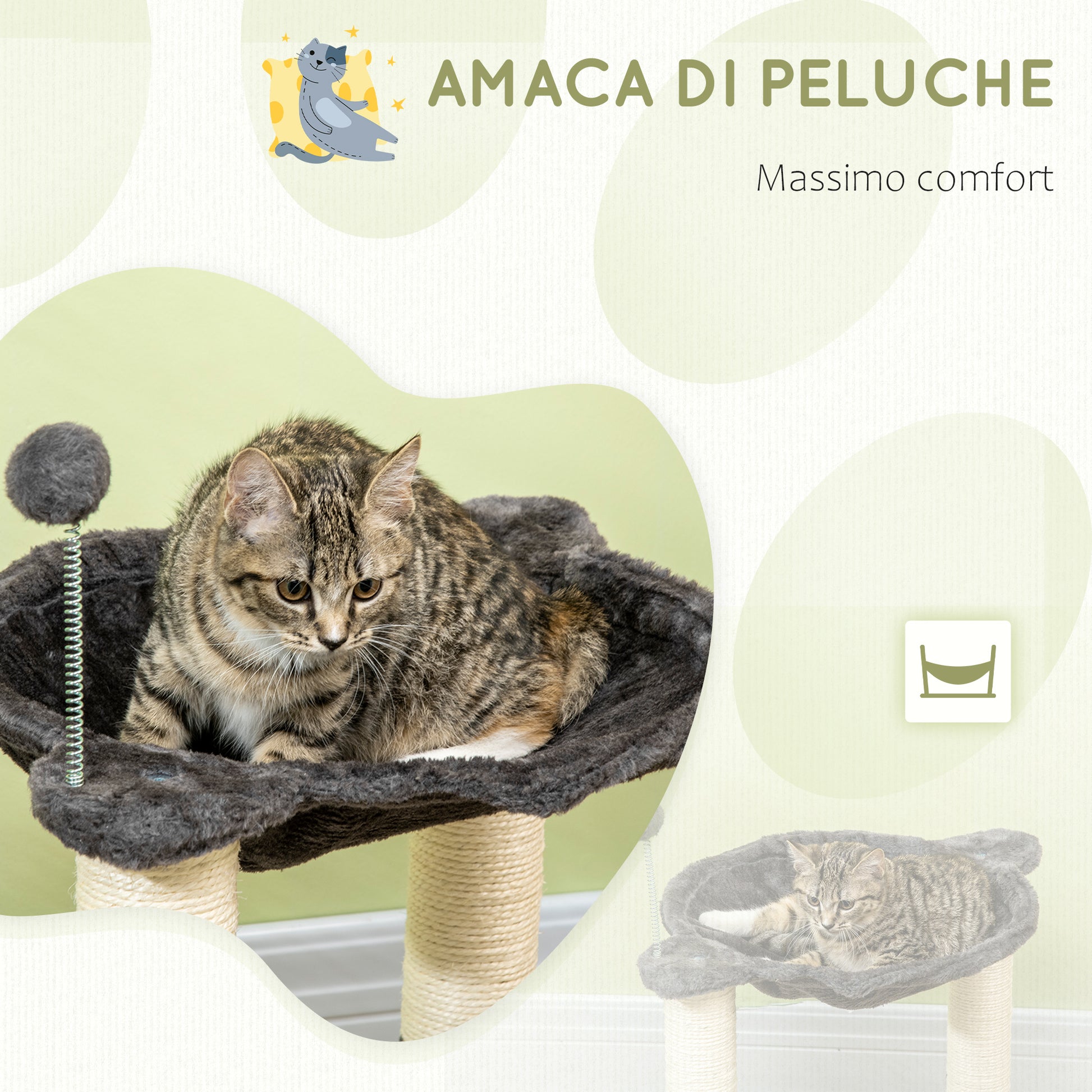 Cat Scratching Tree for Cats Up to 5kg with Hammock, Play Balls, and Sisal Posts, MDF and Plush Cat Tower, 53.5x53.5x66cm, Gray