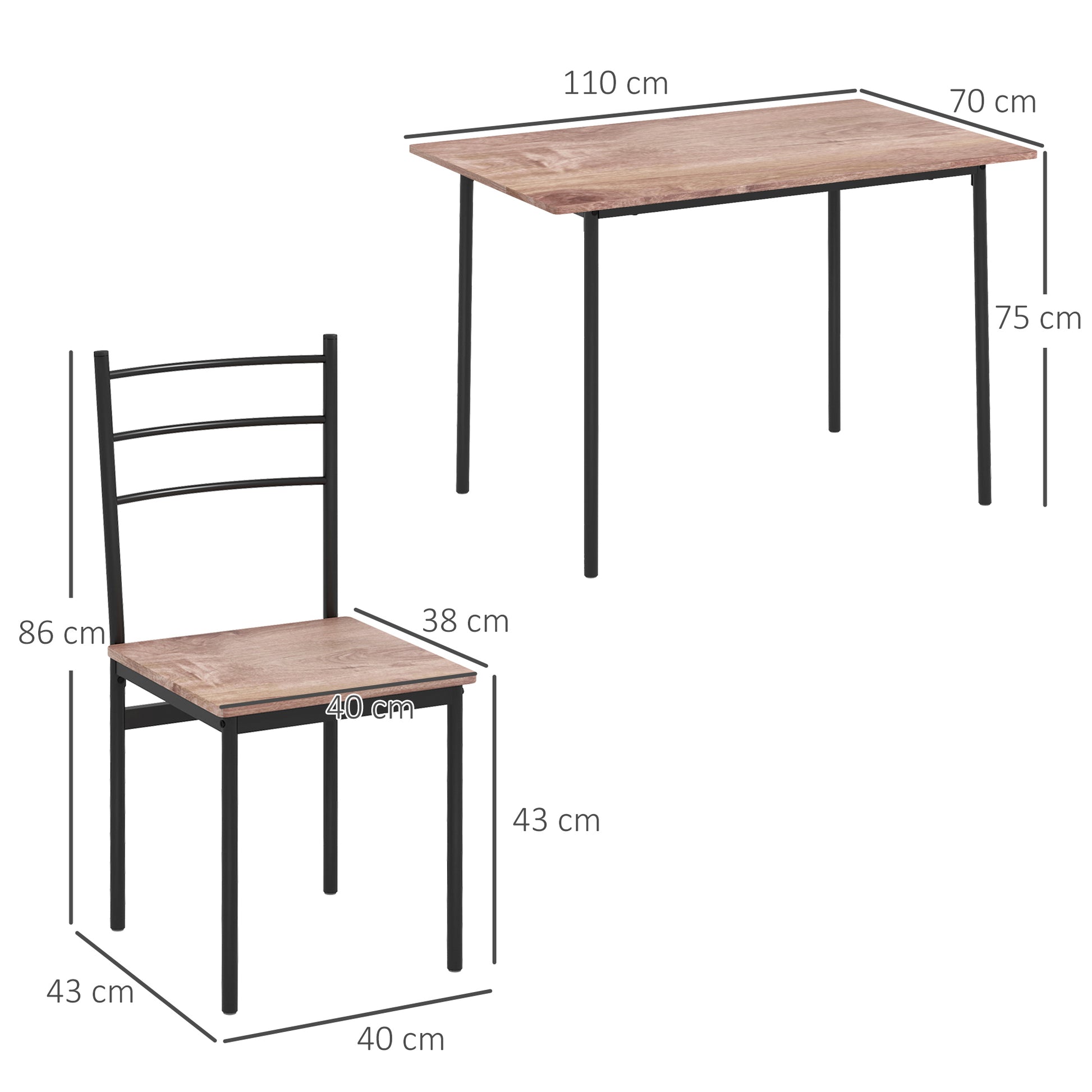 5-Piece Space-Saving Dining Table and Chairs Set with Rectangular Kitchen Table 110x70x75 cm and 4 Modern Chairs 40x43x86 cm, in MDF and Steel, Brown and Black