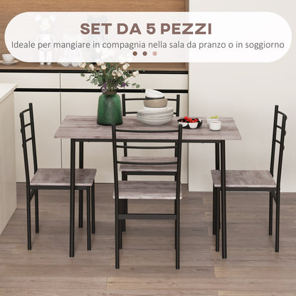 5-Piece Space-Saving Dining Table and Chairs Set with Rectangular Kitchen Table 110x70x75 cm and 4 Modern Chairs 40x43x86 cm, in MDF and Steel, Brown and Black