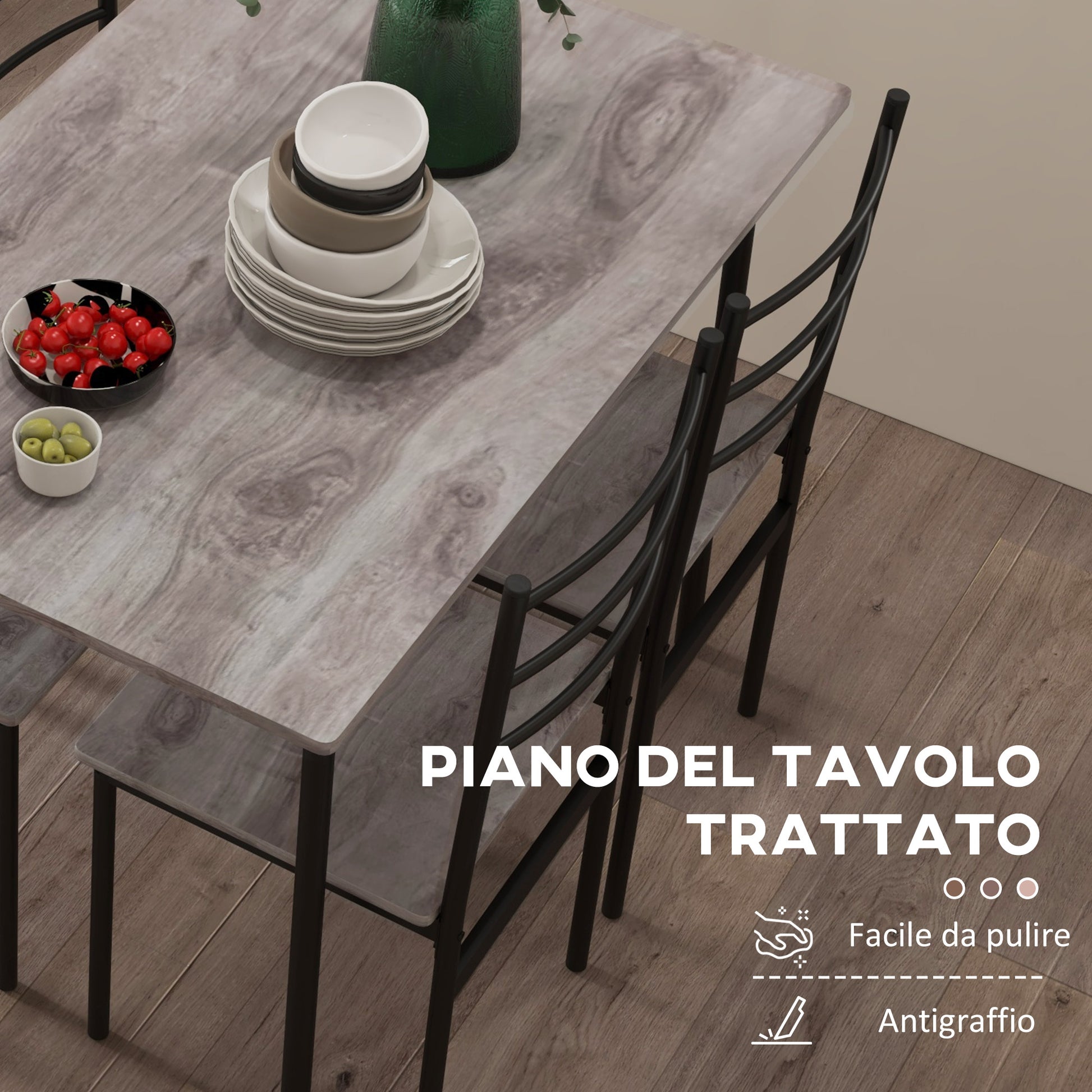 5-Piece Space-Saving Dining Table and Chairs Set with Rectangular Kitchen Table 110x70x75 cm and 4 Modern Chairs 40x43x86 cm, in MDF and Steel, Brown and Black