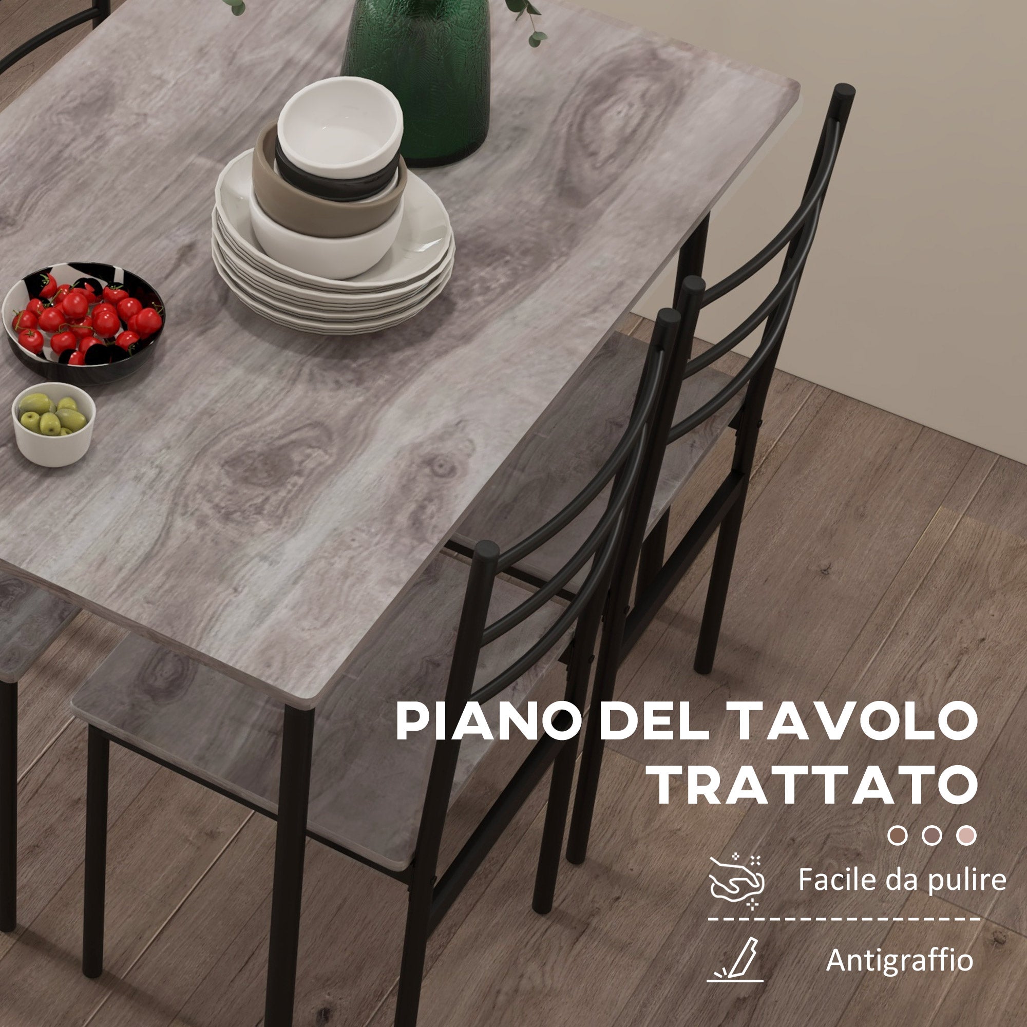 5-Piece Space-Saving Dining Table and Chairs Set with Rectangular Kitchen Table 110x70x75 cm and 4 Modern Chairs 40x43x86 cm, in MDF and Steel, Brown and Black