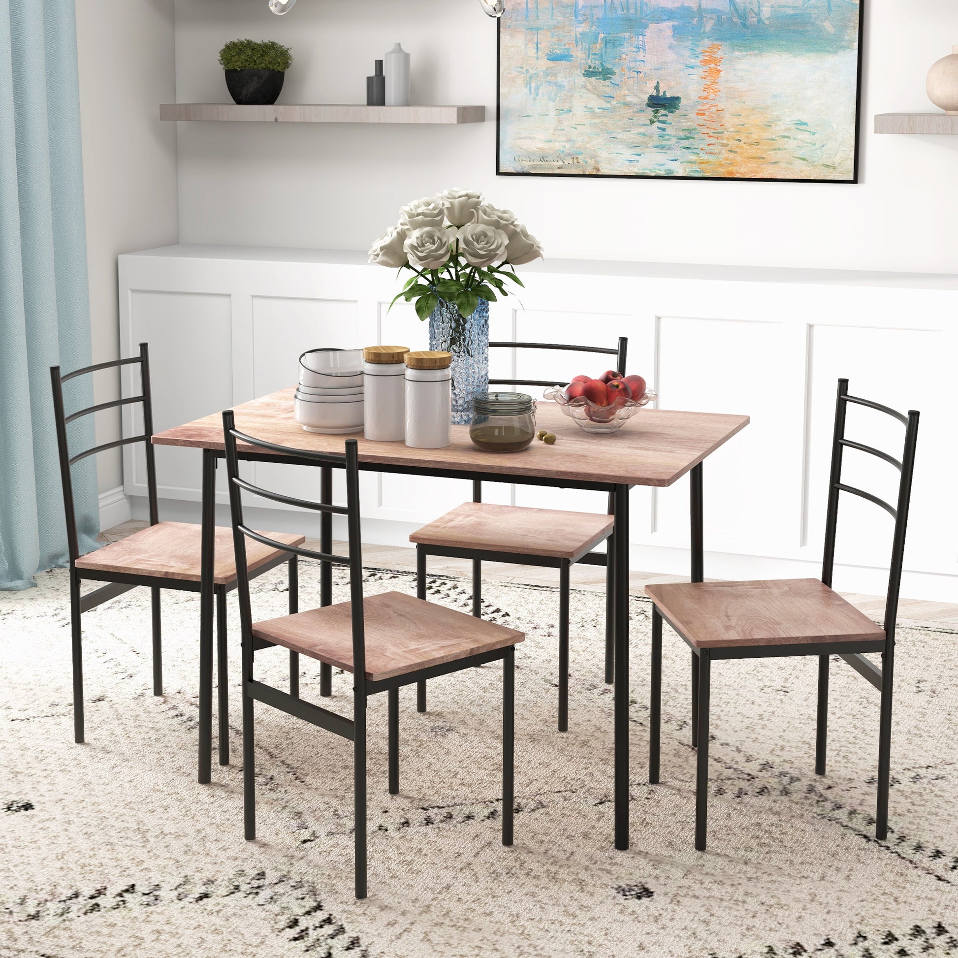 5-Piece Space-Saving Dining Table and Chairs Set with Rectangular Kitchen Table 110x70x75 cm and 4 Modern Chairs 40x43x86 cm, in MDF and Steel, Brown and Black