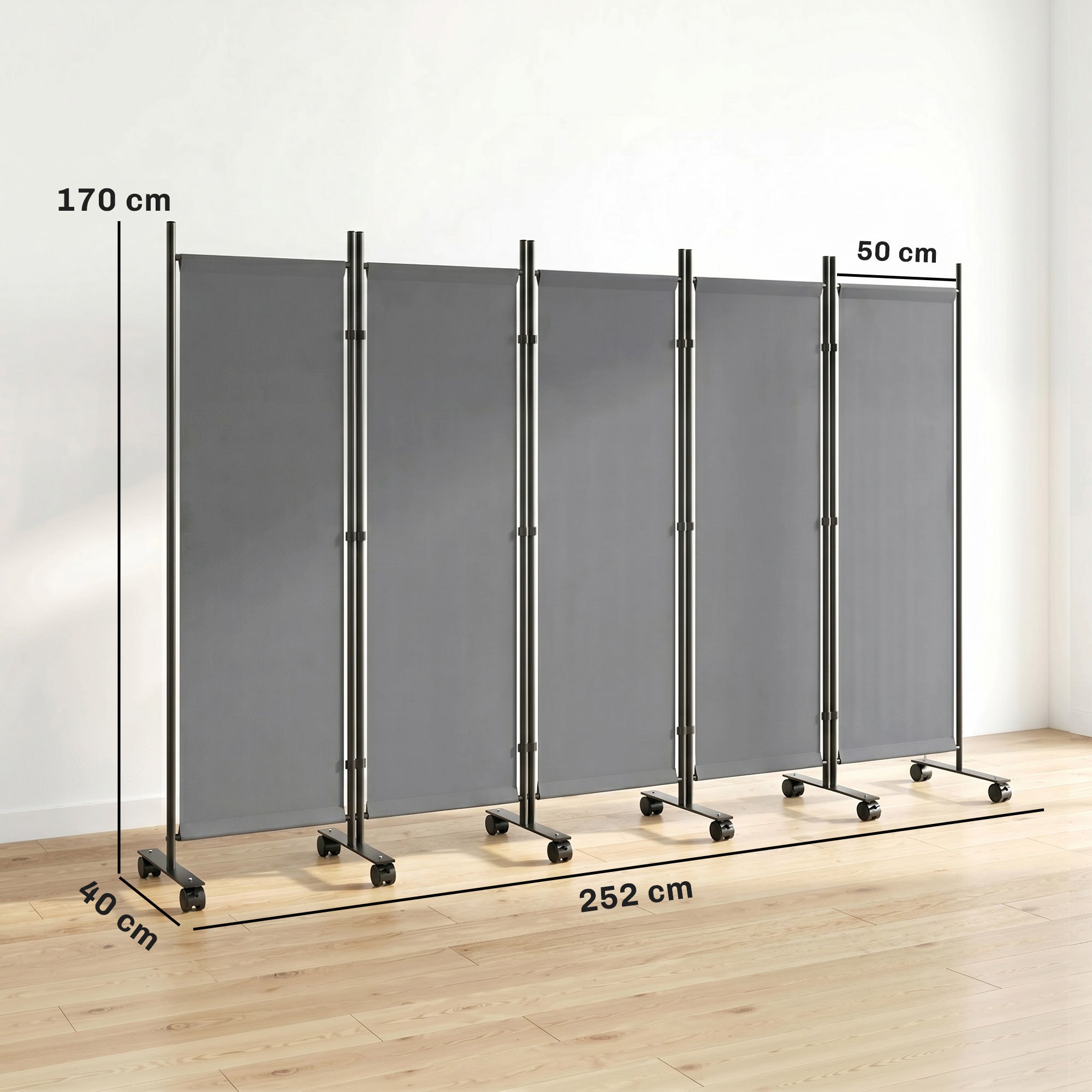 5-Panel Room Divider 99 x 16 x 67 in — Freestanding Folding Privacy Screen with 12 Wheels, Metal Frame, Water-Resistant Polyester, Dark Gray (Indoor/Covered Outdoor)