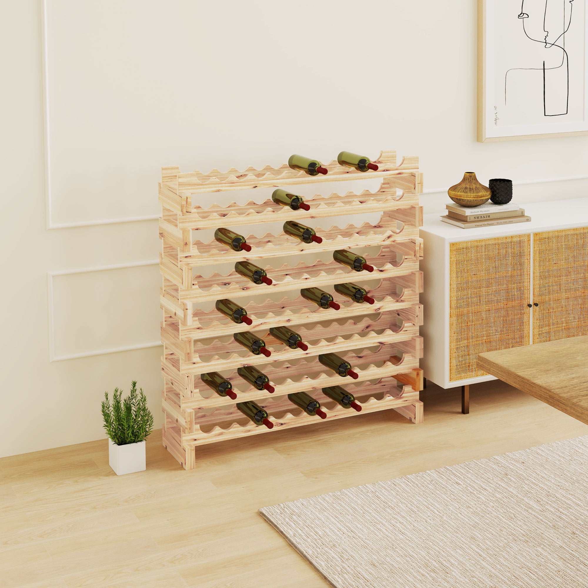 Fir Wood Wine Rack, Wine Cellar with 8 Shelves for 96 Bottles and Maximum Weight 100 kg, 114x28x113.5 cm, Natural Wood