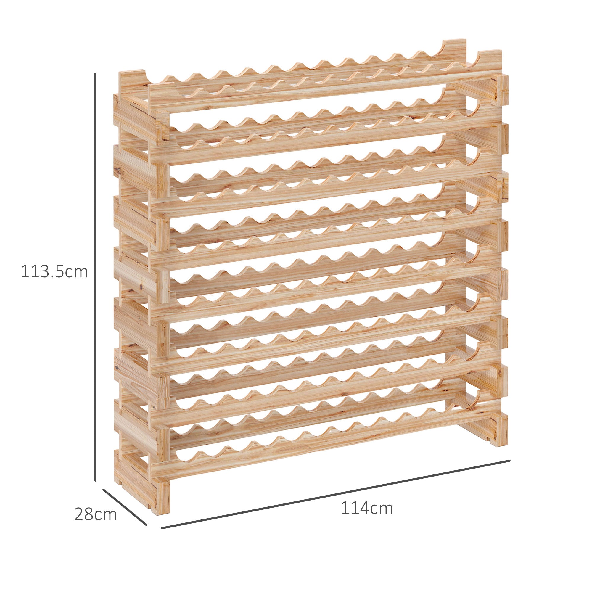 Fir Wood Wine Rack, Wine Cellar with 8 Shelves for 96 Bottles and Maximum Weight 100 kg, 114x28x113.5 cm, Natural Wood