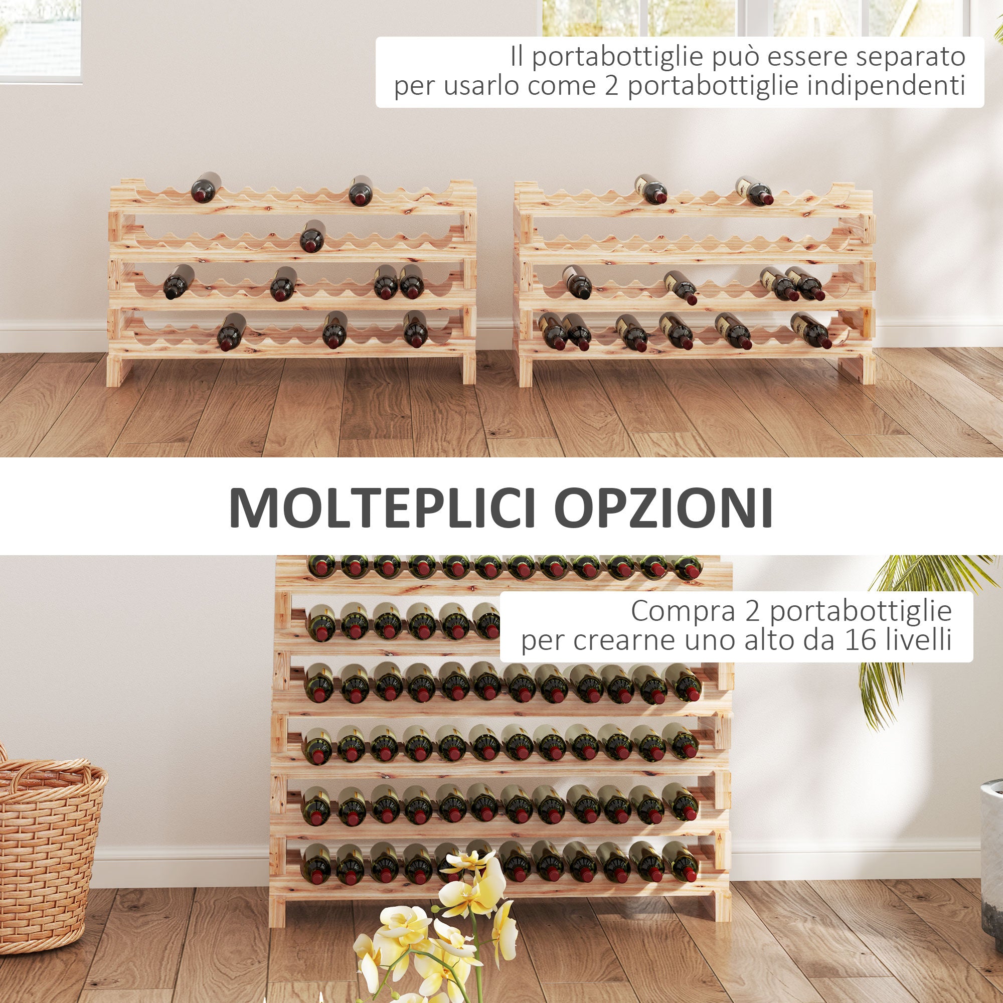 Fir Wood Wine Rack, Wine Cellar with 8 Shelves for 96 Bottles and Maximum Weight 100 kg, 114x28x113.5 cm, Natural Wood