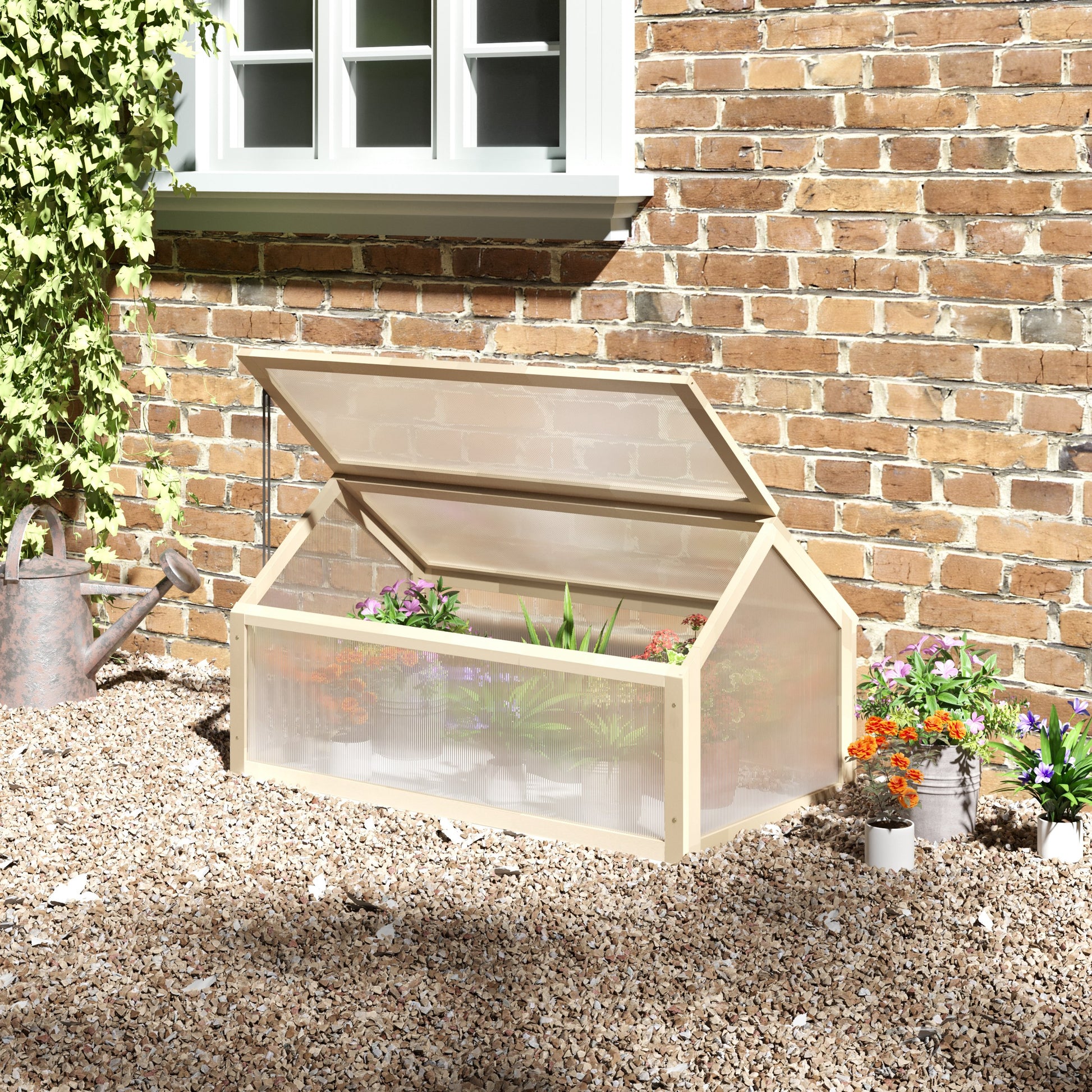 Wooden Mini Greenhouse 90 x 52 x 49.5 cm, Plant Bed with Cover, Light-Transmitting Cold Frame, Winter-Proof Raised Garden Bed for Garden, Balcony, Natural Wood