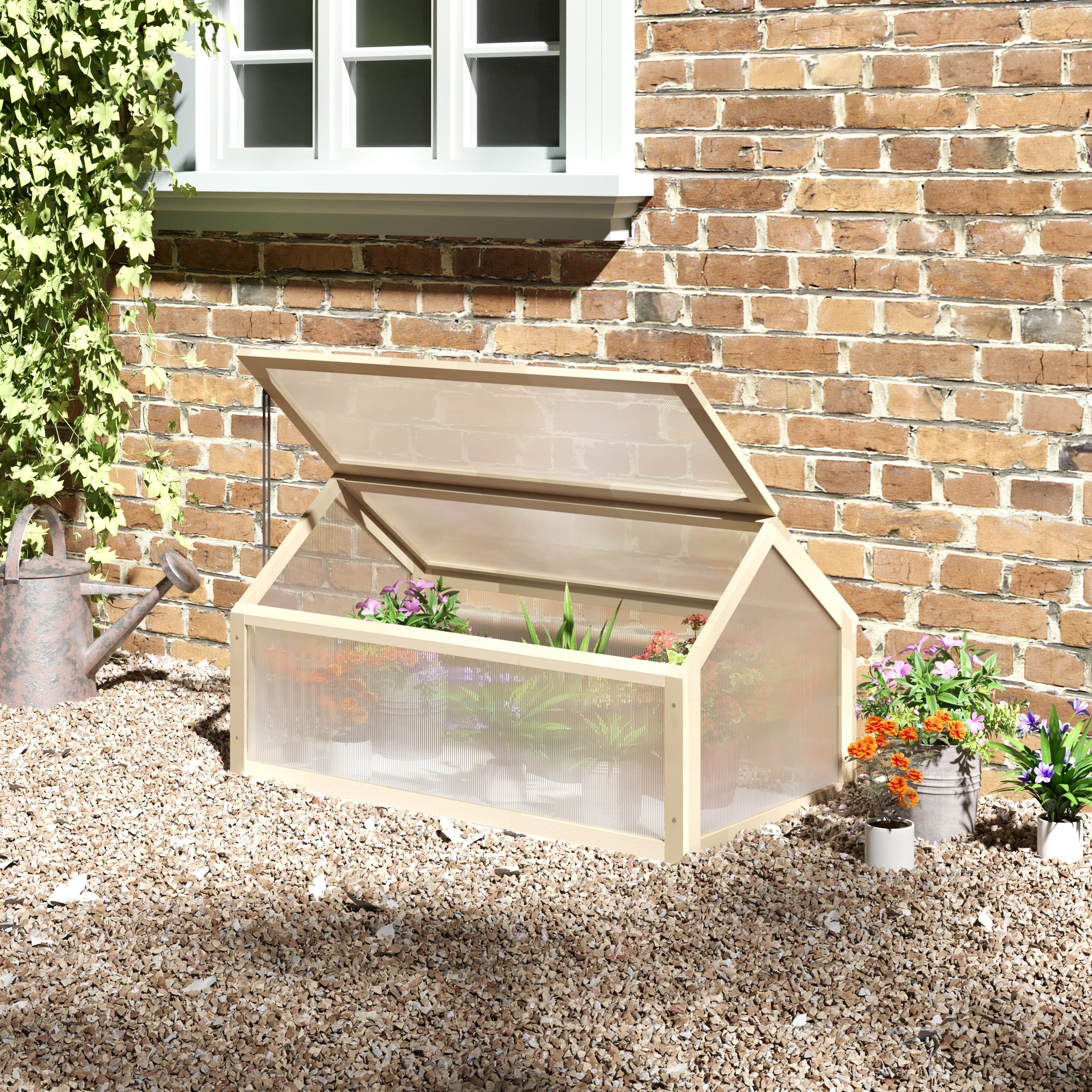 Wooden Mini Greenhouse 90 x 52 x 49.5 cm, Plant Bed with Cover, Light-Transmitting Cold Frame, Winter-Proof Raised Garden Bed for Garden, Balcony, Natural Wood