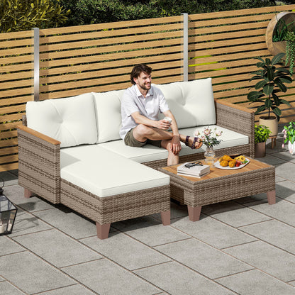3-Piece Rattan Garden Furniture Set, Outdoor Lounge with 2-Seater Sofa, Chaise Longue, Glass Coffee Table and Washable Cushions, Steel Frame, Khaki/Cream