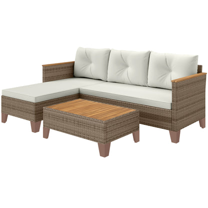 3-Piece Rattan Garden Furniture Set, Outdoor Lounge with 2-Seater Sofa, Chaise Longue, Glass Coffee Table and Washable Cushions, Steel Frame, Khaki/Cream