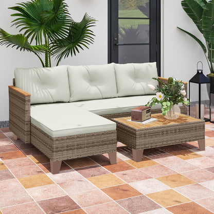 3-Piece Rattan Garden Furniture Set, Outdoor Lounge with 2-Seater Sofa, Chaise Longue, Glass Coffee Table and Washable Cushions, Steel Frame, Khaki/Cream