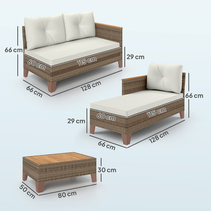 3-Piece Rattan Garden Furniture Set, Outdoor Lounge with 2-Seater Sofa, Chaise Longue, Glass Coffee Table and Washable Cushions, Steel Frame, Khaki/Cream