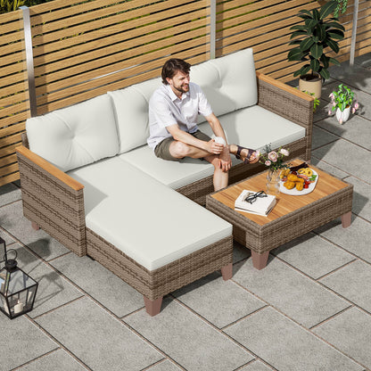 3-Piece Rattan Garden Furniture Set, Outdoor Lounge with 2-Seater Sofa, Chaise Longue, Glass Coffee Table and Washable Cushions, Steel Frame, Khaki/Cream