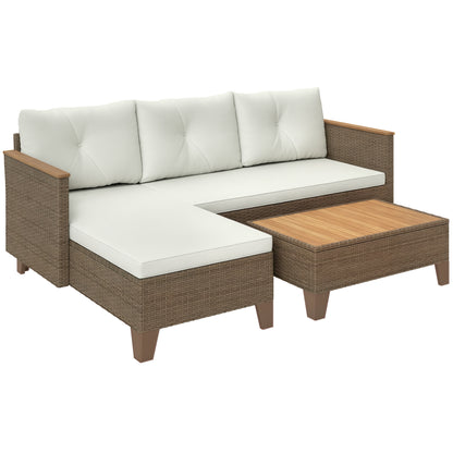 3-Piece Rattan Garden Furniture Set, Outdoor Lounge with 2-Seater Sofa, Chaise Longue, Glass Coffee Table and Washable Cushions, Steel Frame, Khaki/Cream