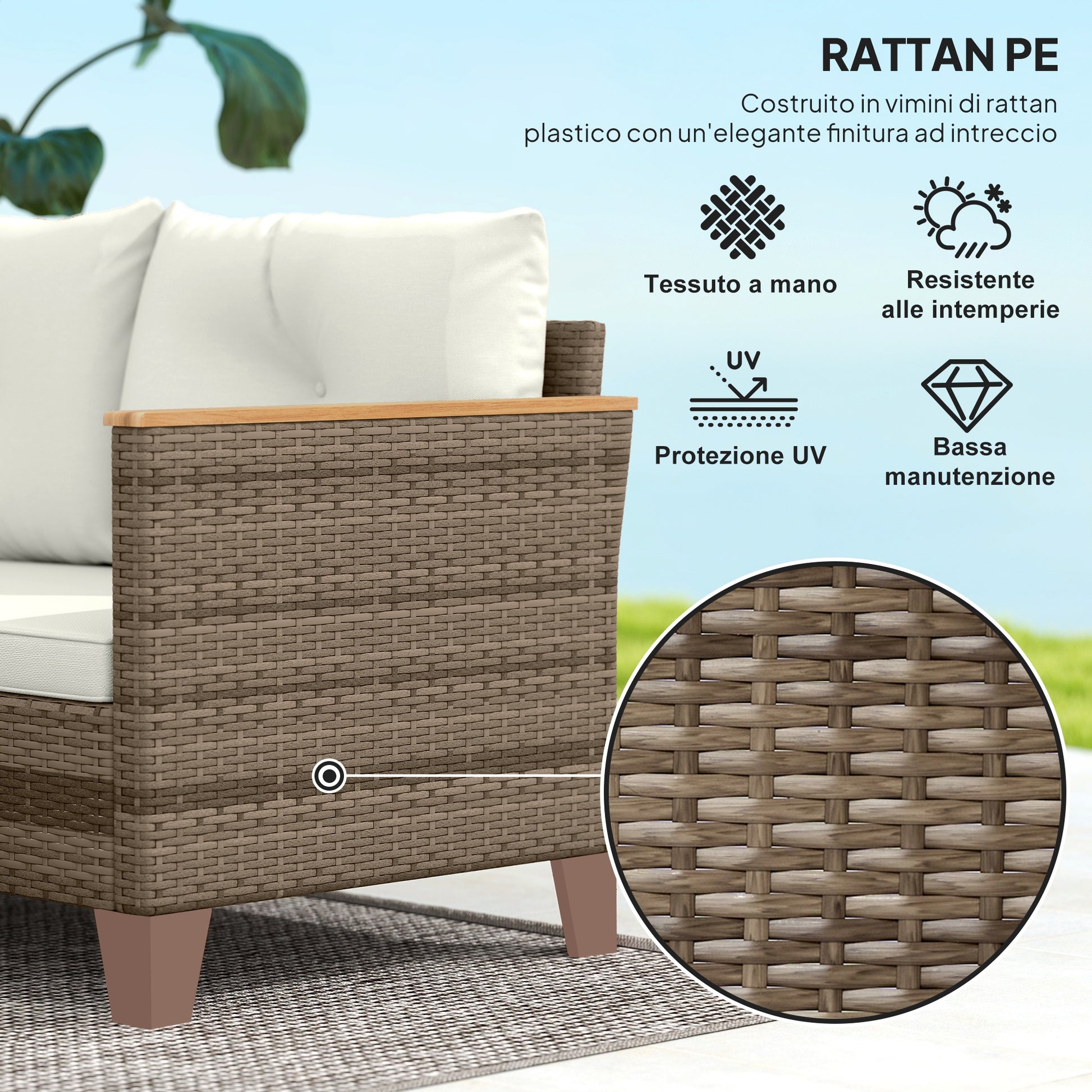 3-Piece Rattan Garden Furniture Set, Outdoor Lounge with 2-Seater Sofa, Chaise Longue, Glass Coffee Table and Washable Cushions, Steel Frame, Khaki/Cream