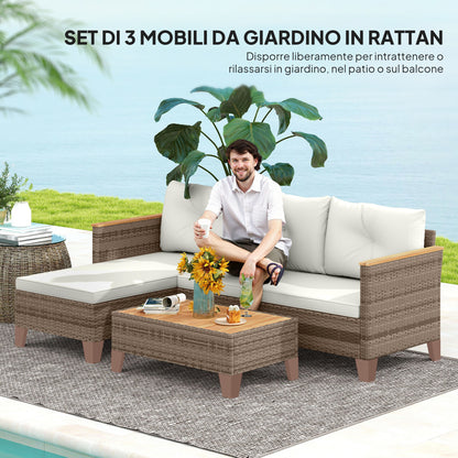 3-Piece Rattan Garden Furniture Set, Outdoor Lounge with 2-Seater Sofa, Chaise Longue, Glass Coffee Table and Washable Cushions, Steel Frame, Khaki/Cream