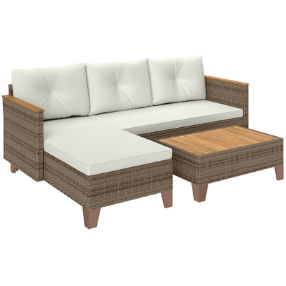 3-Piece Rattan Garden Furniture Set, Outdoor Lounge with 2-Seater Sofa, Chaise Longue, Glass Coffee Table and Washable Cushions, Steel Frame, Khaki/Cream