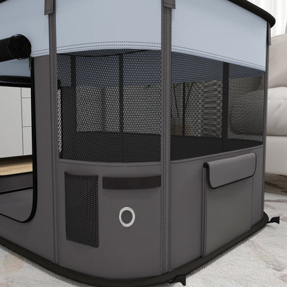 Puppy Playpen with Doors, Windows, Foldable Playpen, Breathable Mesh, for Small Dogs under 10 kg and Small Animals, Indoor and Outdoor, 94 x 74 x 60 cm, Gray