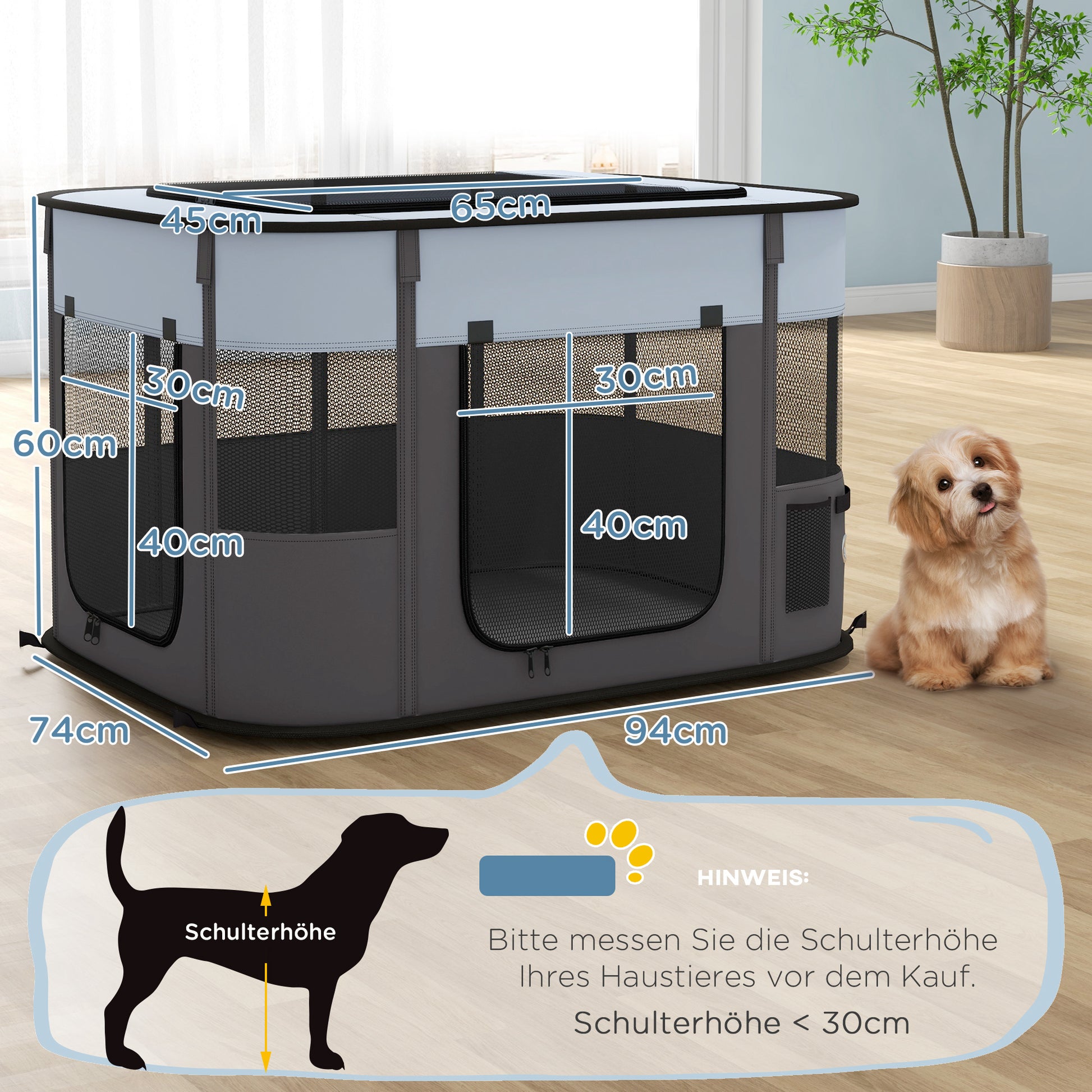 Puppy Playpen with Doors, Windows, Foldable Playpen, Breathable Mesh, for Small Dogs under 10 kg and Small Animals, Indoor and Outdoor, 94 x 74 x 60 cm, Gray