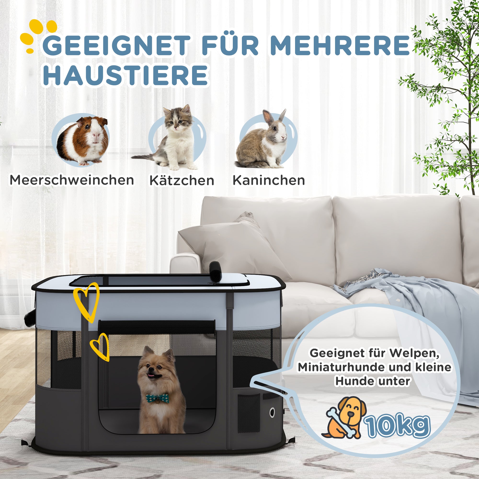Puppy Playpen with Doors, Windows, Foldable Playpen, Breathable Mesh, for Small Dogs under 10 kg and Small Animals, Indoor and Outdoor, 94 x 74 x 60 cm, Gray