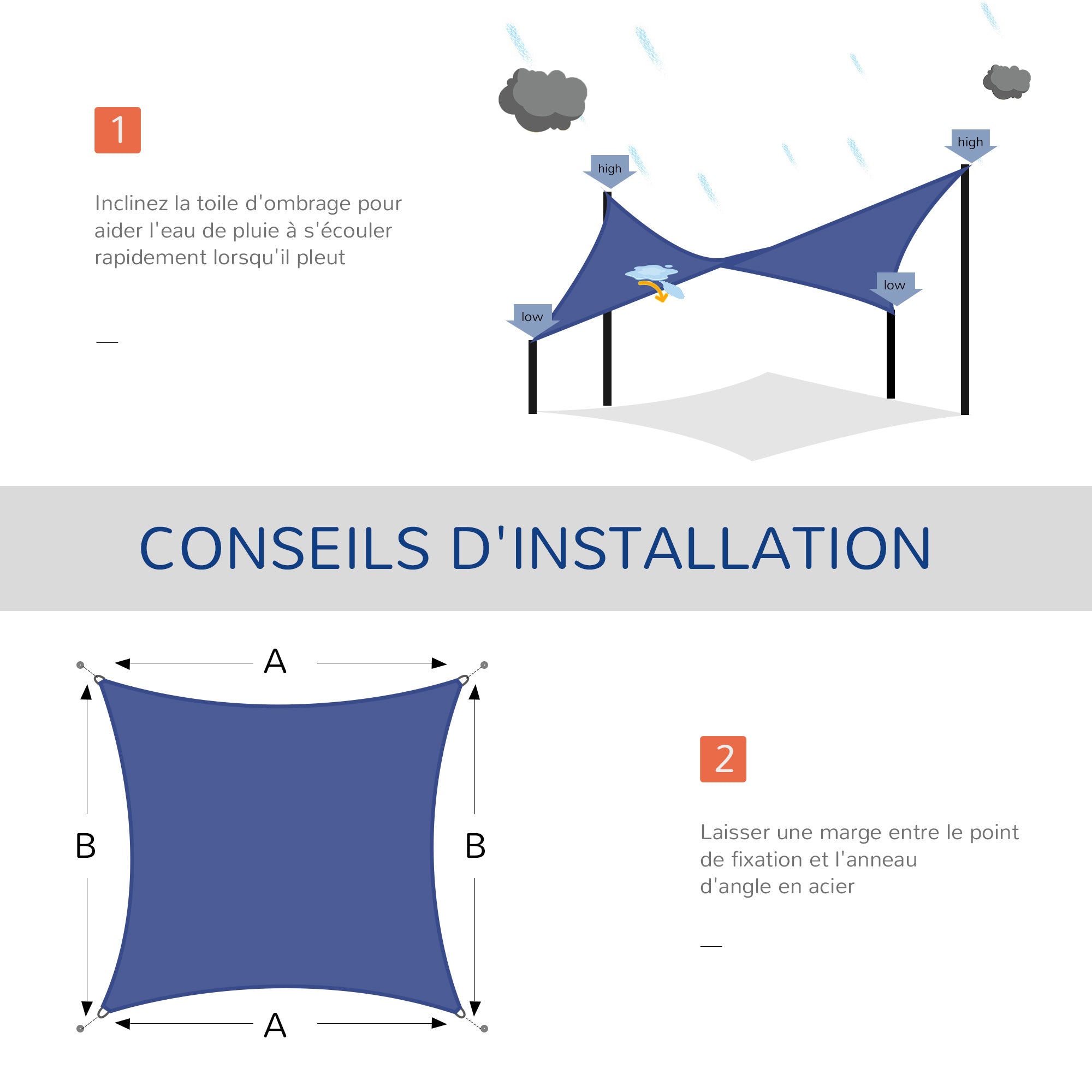 Rectangular Shade Sail 4 x 3 m High-Density Polyethylene UV Protection With Storage Bag - Blue color