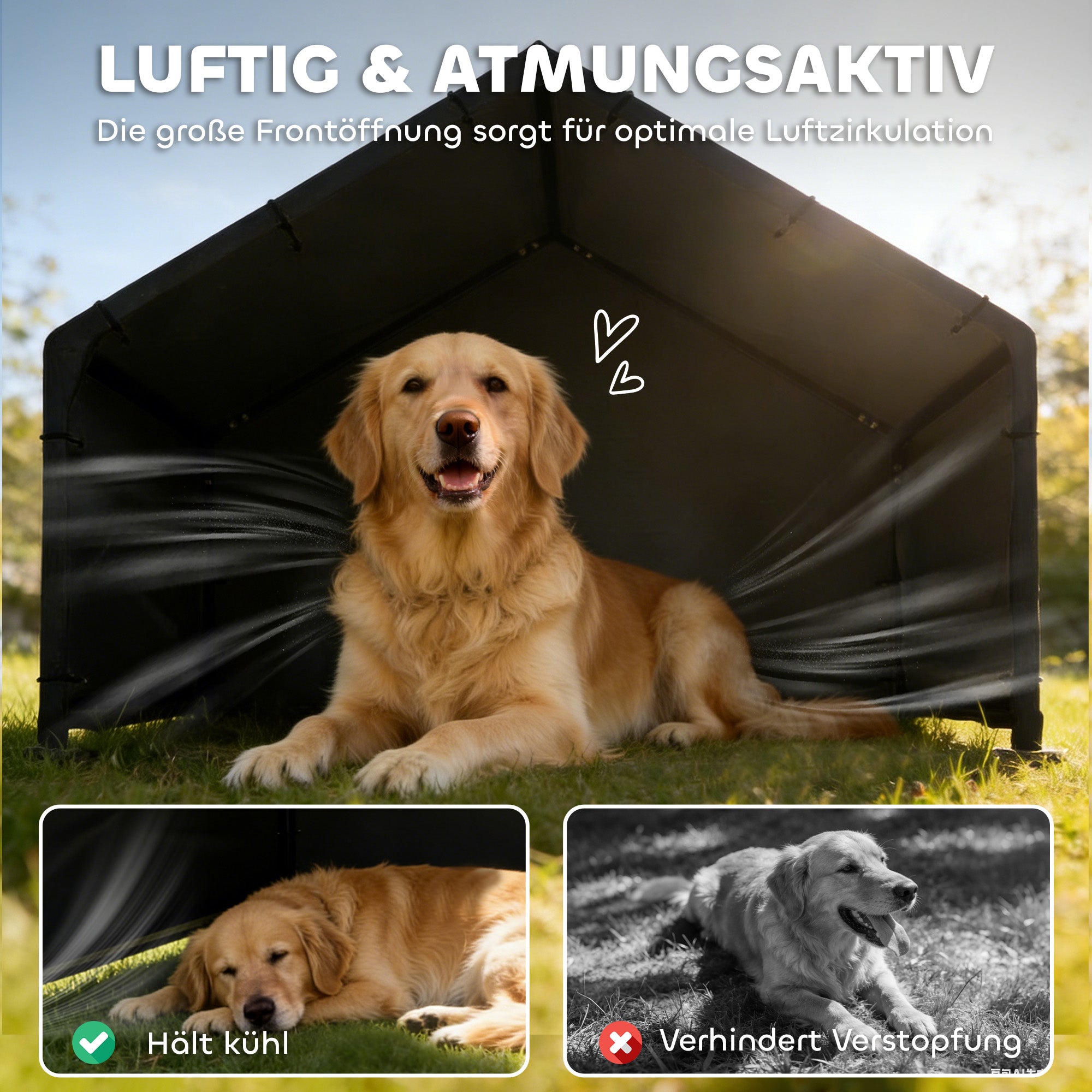 Dog Kennel with Water- & UV-Resistant Canopy, 125 x 110 x 93 cm (49.2 x 43.3 x 36.6 in) – Indoor/Outdoor Shelter for Dogs up to 30 kg (66 lb), Black