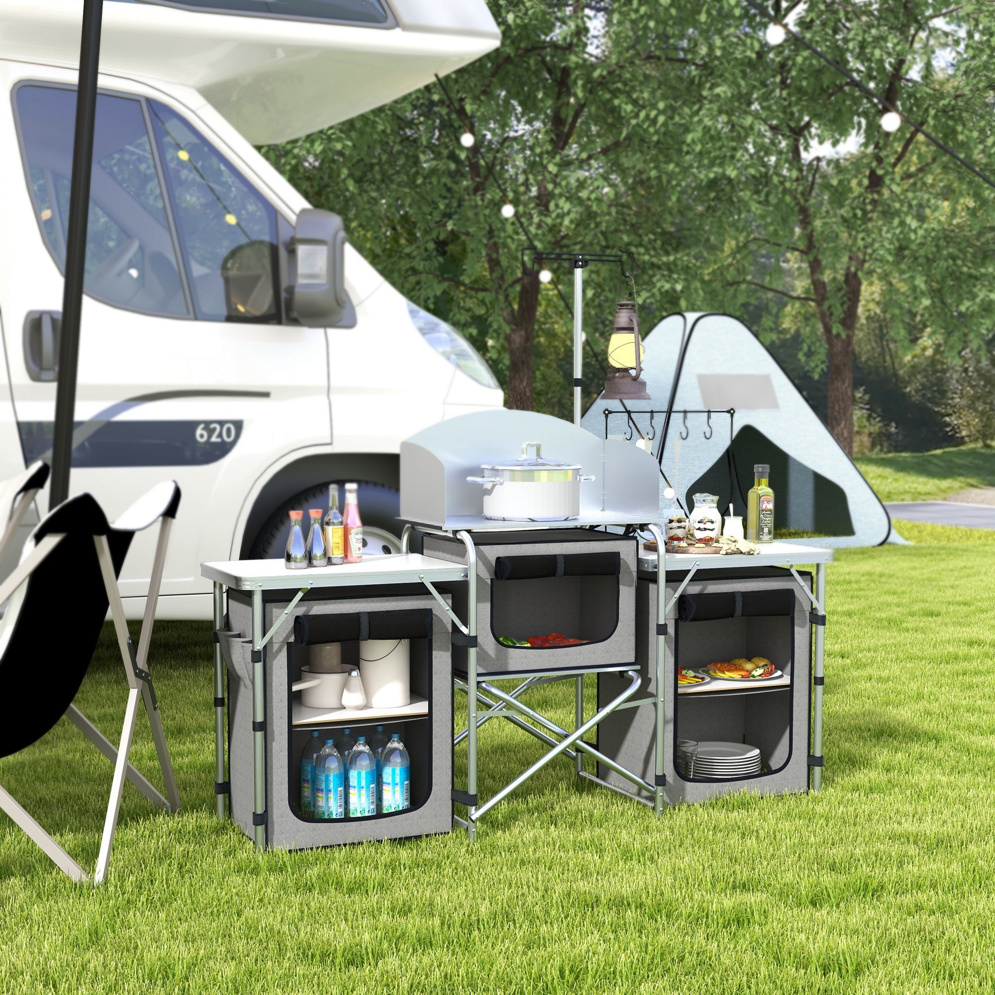 Folding Camping Kitchen Camp Cabinet with Aluminum Frame, Light Stand, Camping Kitchen with Storage Compartments Countertop Windscreen, Travel Kitchen, Outdoor Kitchen Cabinet for Camping Trips