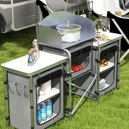 Folding Camping Kitchen Camp Cabinet with Aluminum Frame, Light Stand, Camping Kitchen with Storage Compartments Countertop Windscreen, Travel Kitchen, Outdoor Kitchen Cabinet for Camping Trips