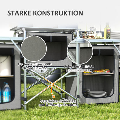 Folding Camping Kitchen Camp Cabinet with Aluminum Frame, Light Stand, Camping Kitchen with Storage Compartments Countertop Windscreen, Travel Kitchen, Outdoor Kitchen Cabinet for Camping Trips
