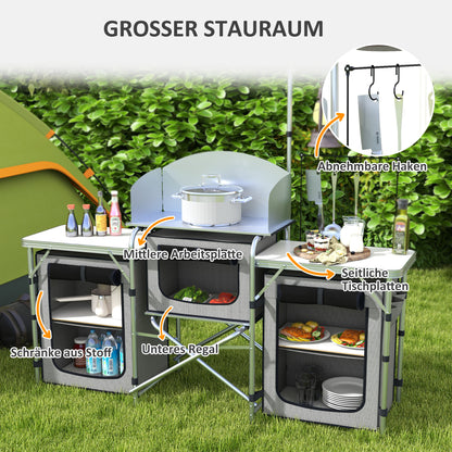 Folding Camping Kitchen Camp Cabinet with Aluminum Frame, Light Stand, Camping Kitchen with Storage Compartments Countertop Windscreen, Travel Kitchen, Outdoor Kitchen Cabinet for Camping Trips