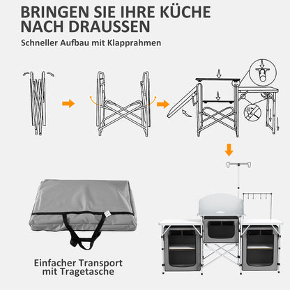 Folding Camping Kitchen Camp Cabinet with Aluminum Frame, Light Stand, Camping Kitchen with Storage Compartments Countertop Windscreen, Travel Kitchen, Outdoor Kitchen Cabinet for Camping Trips