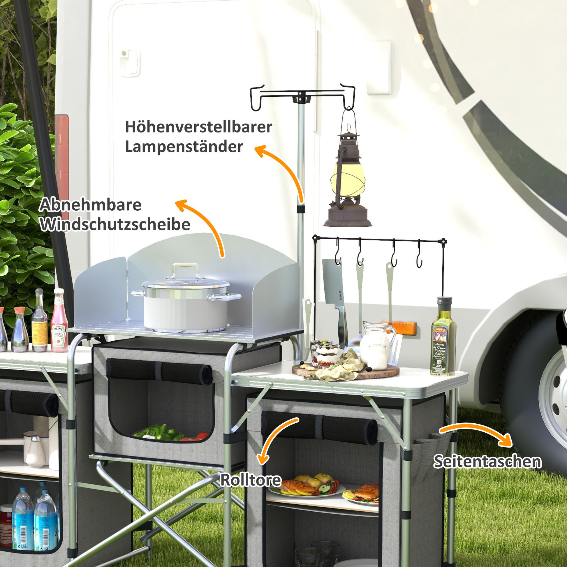 Folding Camping Kitchen Camp Cabinet with Aluminum Frame, Light Stand, Camping Kitchen with Storage Compartments Countertop Windscreen, Travel Kitchen, Outdoor Kitchen Cabinet for Camping Trips