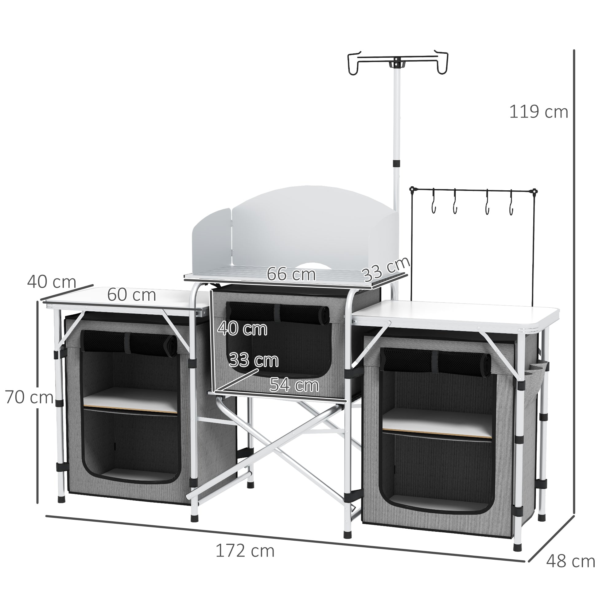 Folding Camping Kitchen Camp Cabinet with Aluminum Frame, Light Stand, Camping Kitchen with Storage Compartments Countertop Windscreen, Travel Kitchen, Outdoor Kitchen Cabinet for Camping Trips