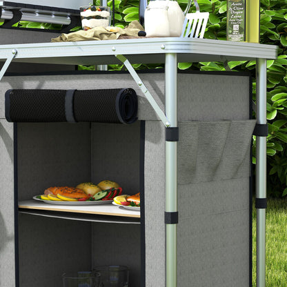 Folding Camping Kitchen Camp Cabinet with Aluminum Frame, Light Stand, Camping Kitchen with Storage Compartments Countertop Windscreen, Travel Kitchen, Outdoor Kitchen Cabinet for Camping Trips