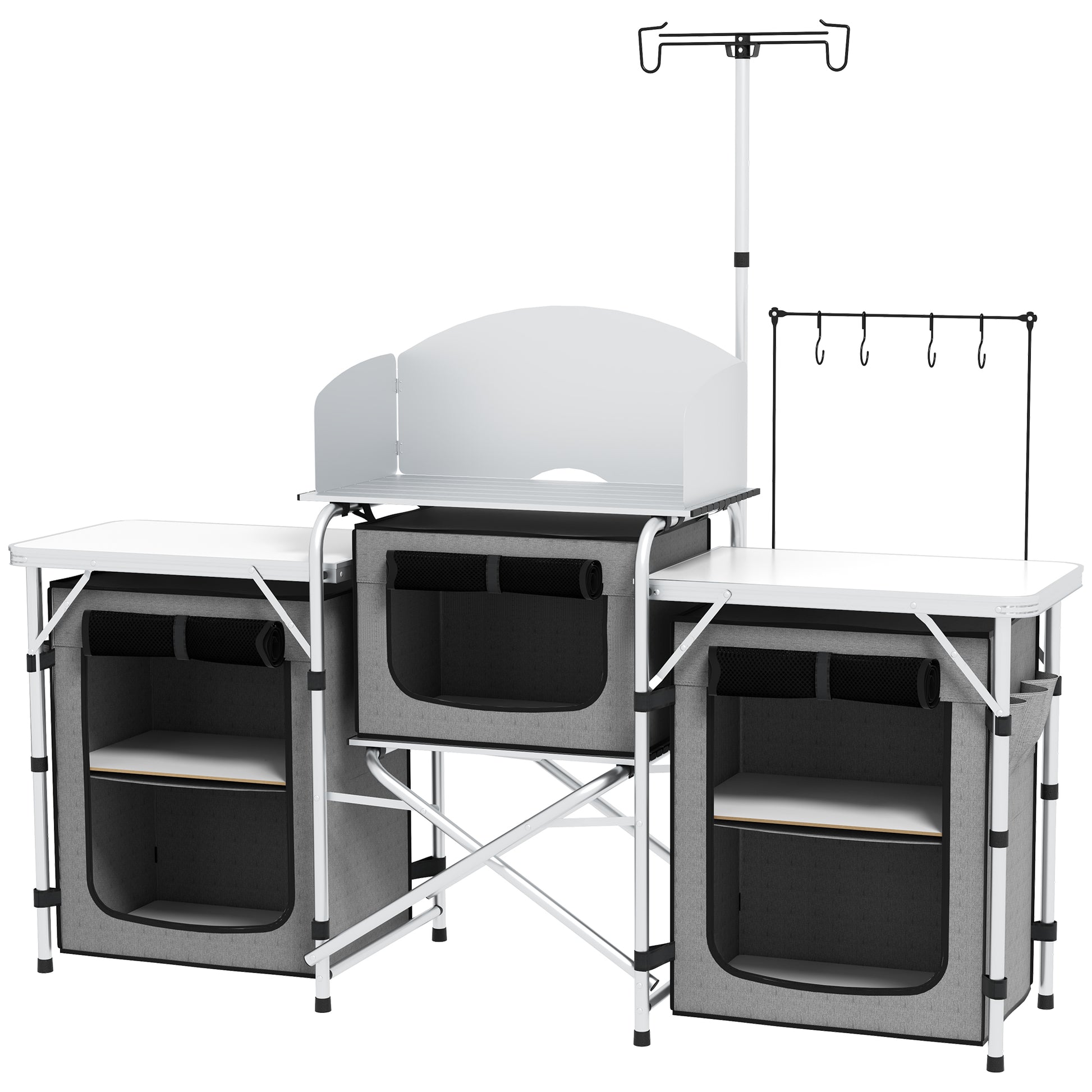 Folding Camping Kitchen Camp Cabinet with Aluminum Frame, Light Stand, Camping Kitchen with Storage Compartments Countertop Windscreen, Travel Kitchen, Outdoor Kitchen Cabinet for Camping Trips