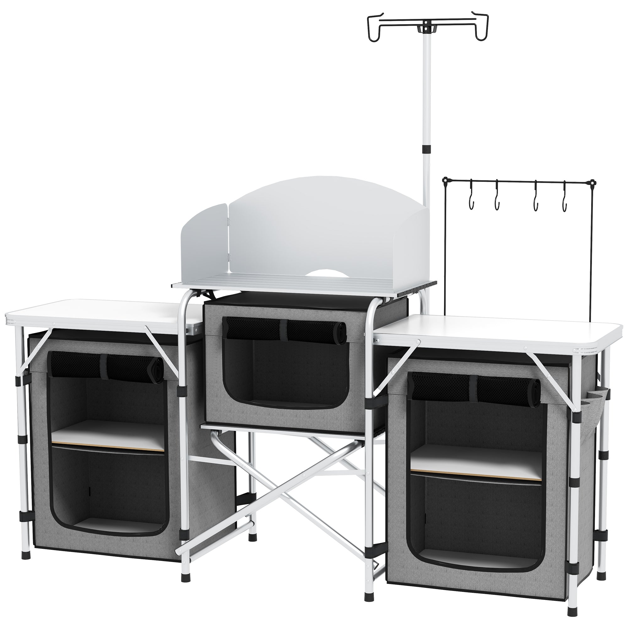 Folding Camping Kitchen Camp Cabinet with Aluminum Frame, Light Stand, Camping Kitchen with Storage Compartments Countertop Windscreen, Travel Kitchen, Outdoor Kitchen Cabinet for Camping Trips