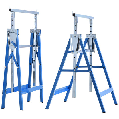2 x Trestle Benches Folding Workbench Adjustable Height up to 200kg Steel Blue 68 x 58 x 80-130 cm