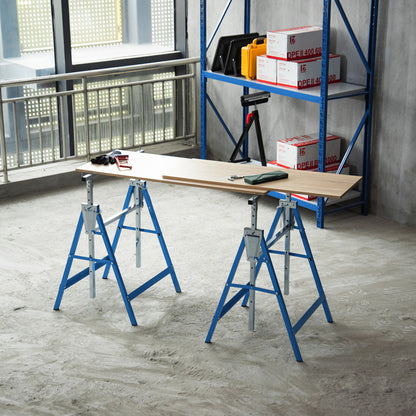2 x Trestle Benches Folding Workbench Adjustable Height up to 200kg Steel Blue 68 x 58 x 80-130 cm