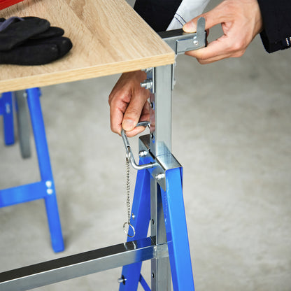 2 x Trestle Benches Folding Workbench Adjustable Height up to 200kg Steel Blue 68 x 58 x 80-130 cm