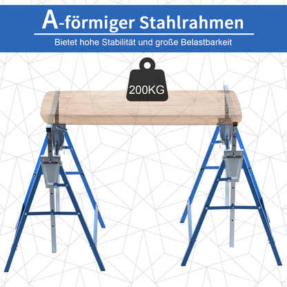 2 x Trestle Benches Folding Workbench Adjustable Height up to 200kg Steel Blue 68 x 58 x 80-130 cm