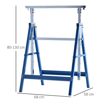 2 x Trestle Benches Folding Workbench Adjustable Height up to 200kg Steel Blue 68 x 58 x 80-130 cm