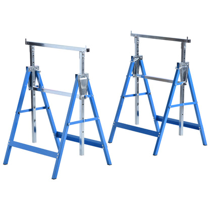 2 x Trestle Benches Folding Workbench Adjustable Height up to 200kg Steel Blue 68 x 58 x 80-130 cm