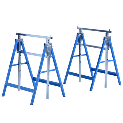 2 x Trestle Benches Folding Workbench Adjustable Height up to 200kg Steel Blue 68 x 58 x 80-130 cm
