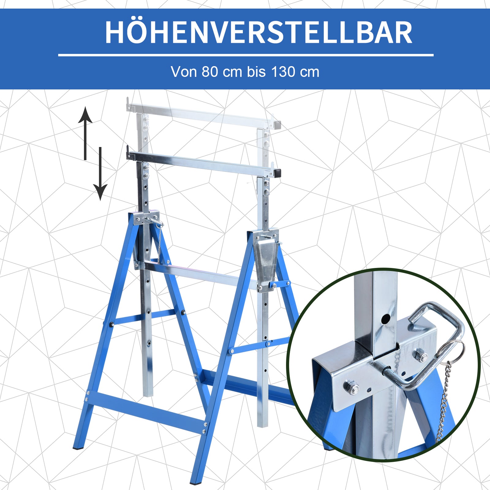 2 x Trestle Benches Folding Workbench Adjustable Height up to 200kg Steel Blue 68 x 58 x 80-130 cm