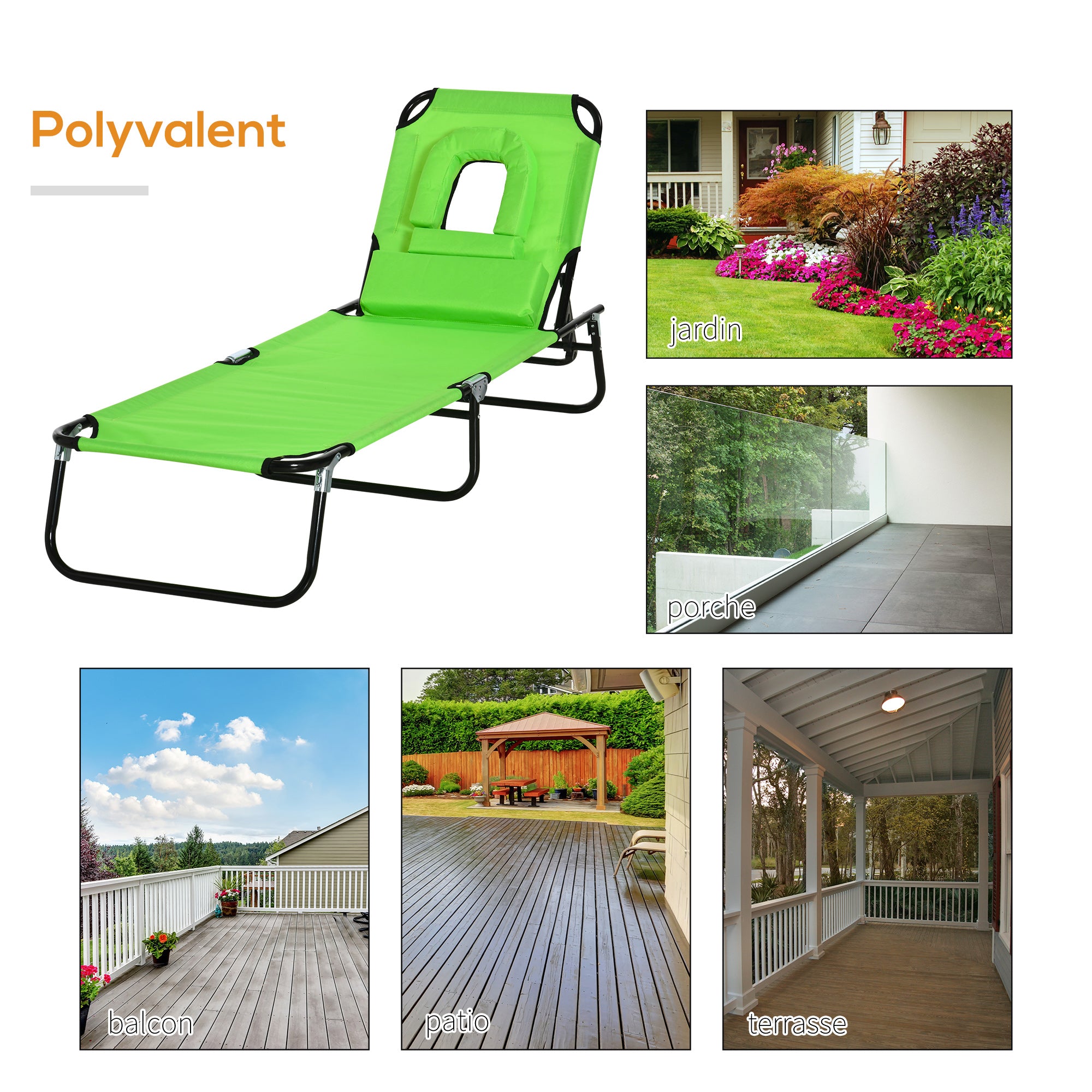 Folding Sun Lounger Adjustable 4 Positions Reading Chair with Cushion Green