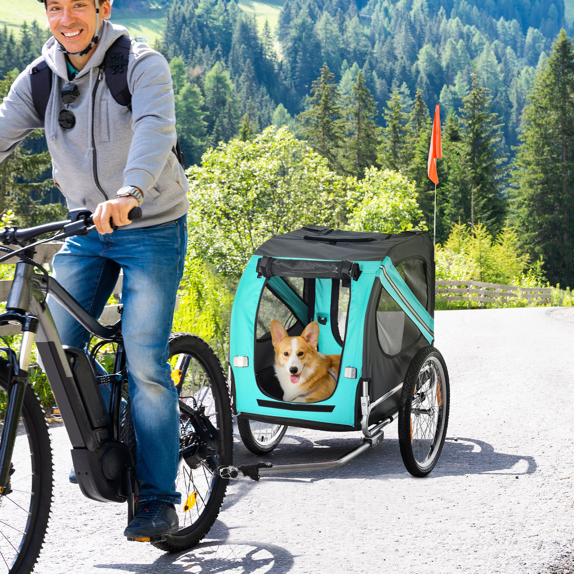 Dog Trailer Bike Trailer Dog Transporter Dog Bike Trailer for Small to Medium Dogs Oxford Fabric Rain Cover Breathable Green 130 x 73 x 90 cm